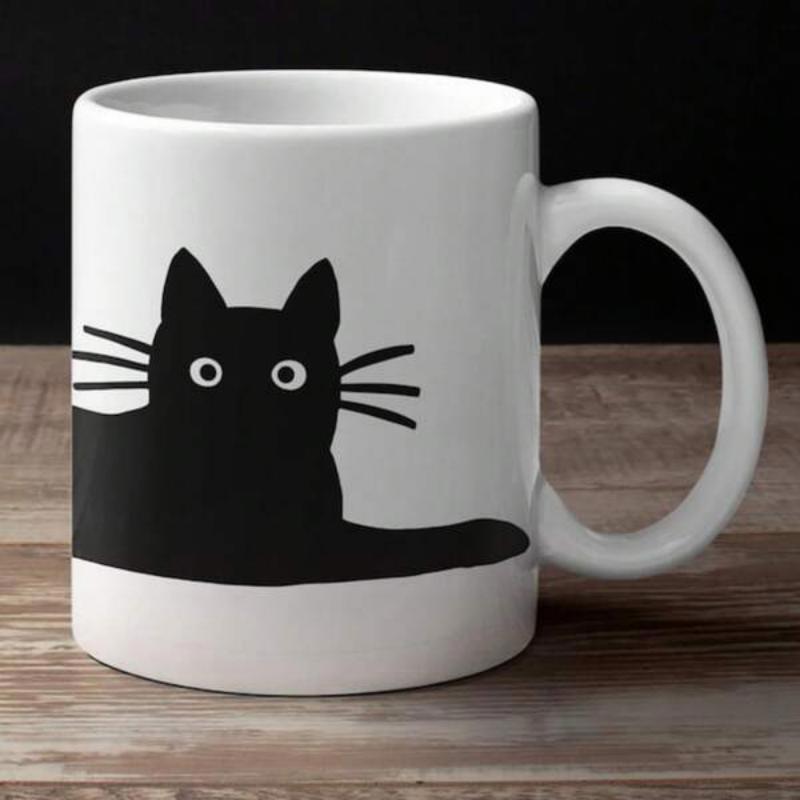 Tailorly White Ceramic 11 oz Mug - Minimalist Hand Drawn Black Silhouette Of A Curious Peeking Feline Cat