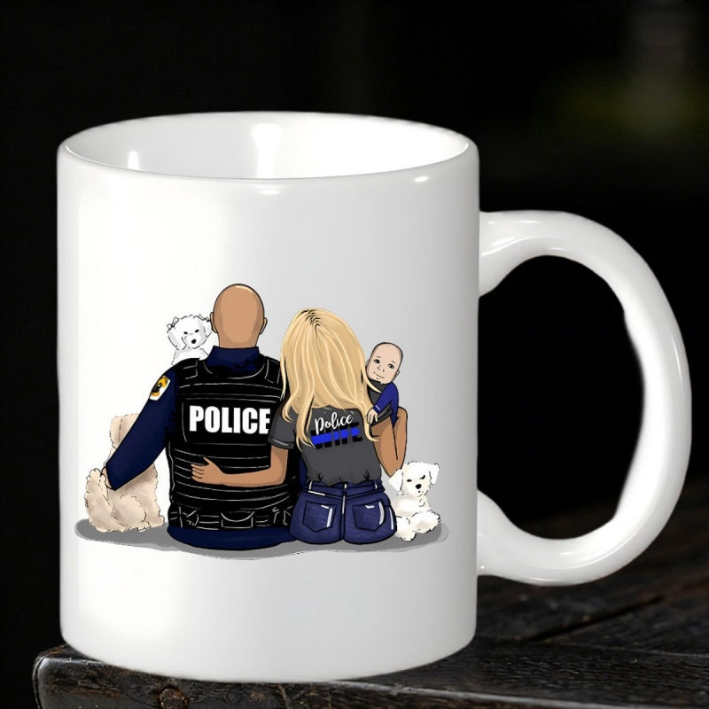 Tailorly White Ceramic 11 oz Mug - Police Loving Officer Family With Small White Dogs Sitting Together Peaceful Illustration