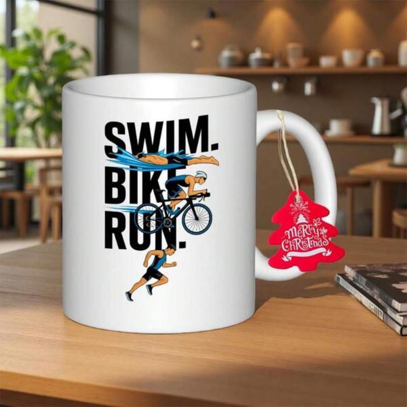 Tailorly White Ceramic 11 oz Mug - Swim Bike Run Energetic Athletes Engaged In Competitive Swimming Cycling And Sprinting Triathlon