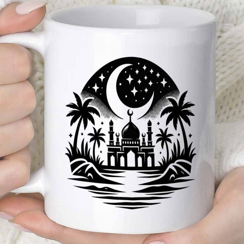 Tailorly White Ceramic 11 oz Mug - Peaceful Mosque Landscape Surrounded By Palm Trees Under A Starry Crescent Moon Mosque