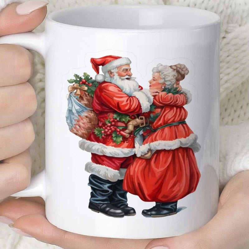 Tailorly White Ceramic 11 oz Mug - Vintage Traditional Holiday Couple Wearing Red Velvet Suits Carrying Gift Sacks Santa