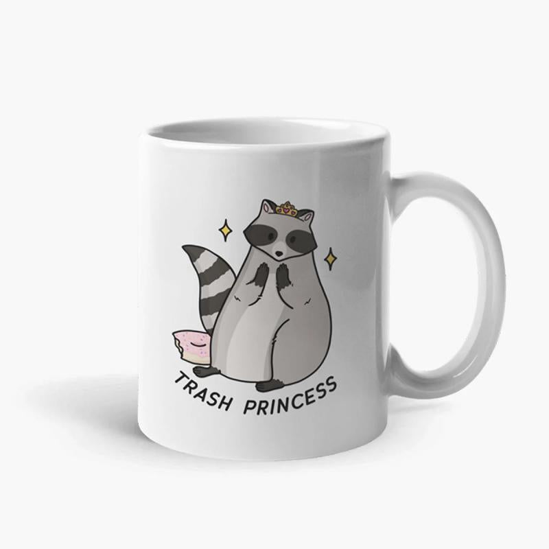 Tailorly White Ceramic 11 oz Mug - Trash Princess Cute Cartoon Character Wearing Golden Crown Surrounded By Twinkling Sparkles Raccoon
