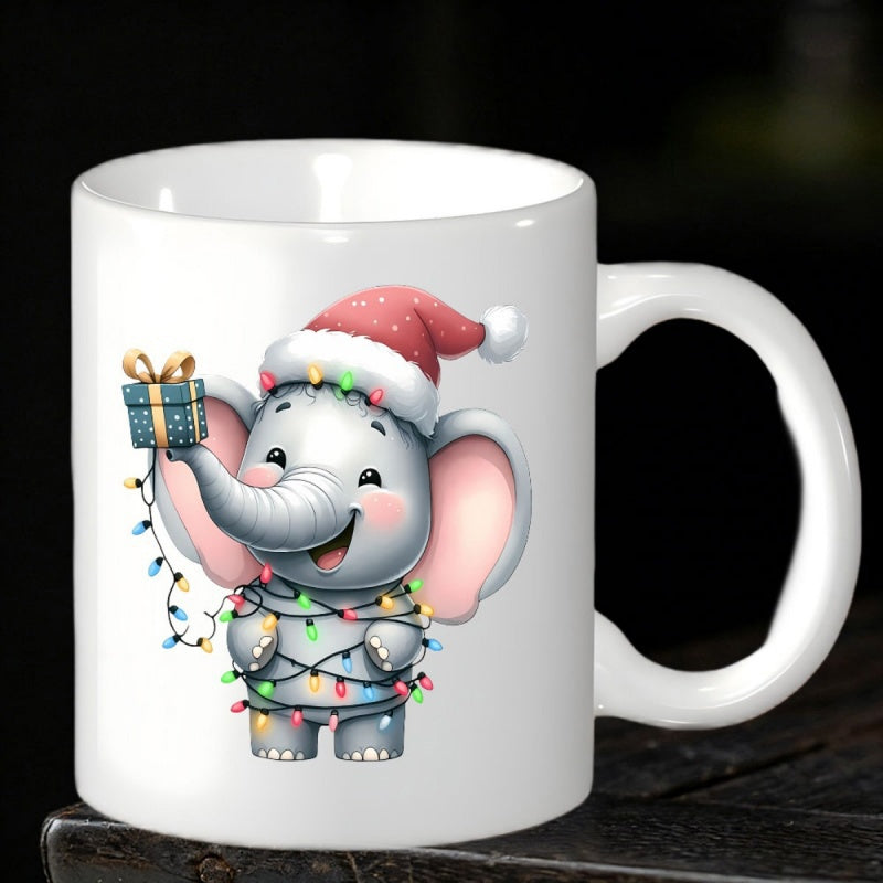 Tailorly White Ceramic 11 oz Mug - Adorable Festive Baby Elephant Wearing Santa Hat Wrapped In Twinkling Lights Elephant