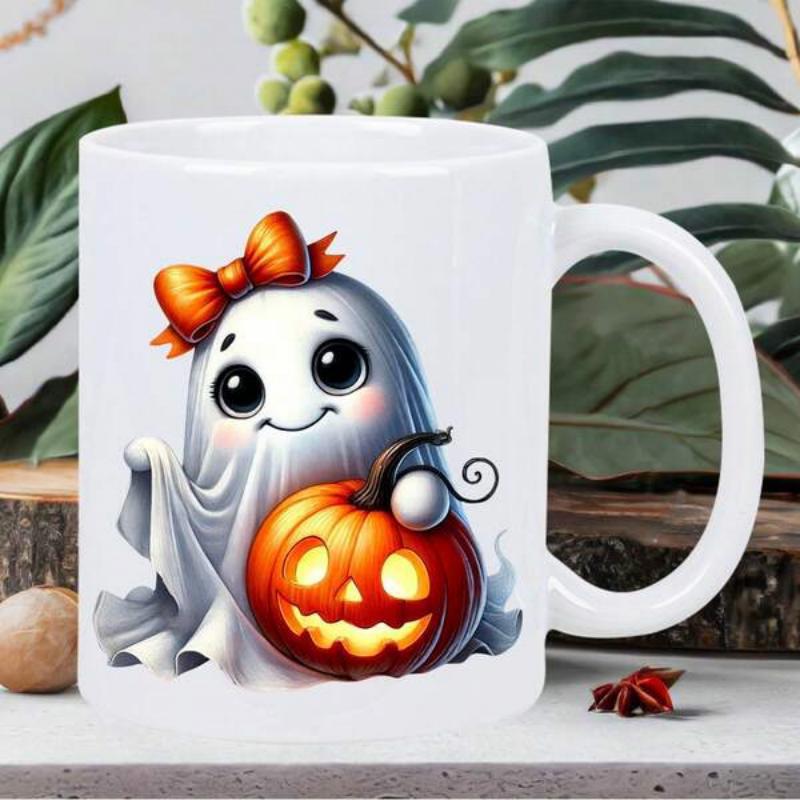 Tailorly White Ceramic 11 oz Mug - Adorable Little Spooky Spirit Wearing Ribbon Bow Holding Glowing Carved Halloween Ghost