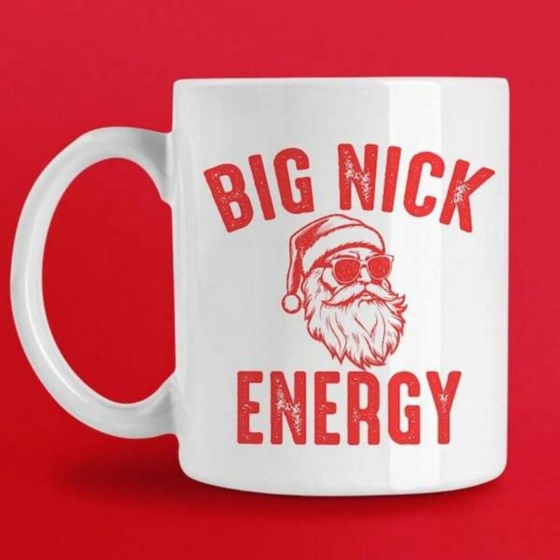 Tailorly White Ceramic 11 oz Mug - Big Nick Energy Vintage Style Santa With Sunglasses Wearing A Classic Red Festive Hat Santa