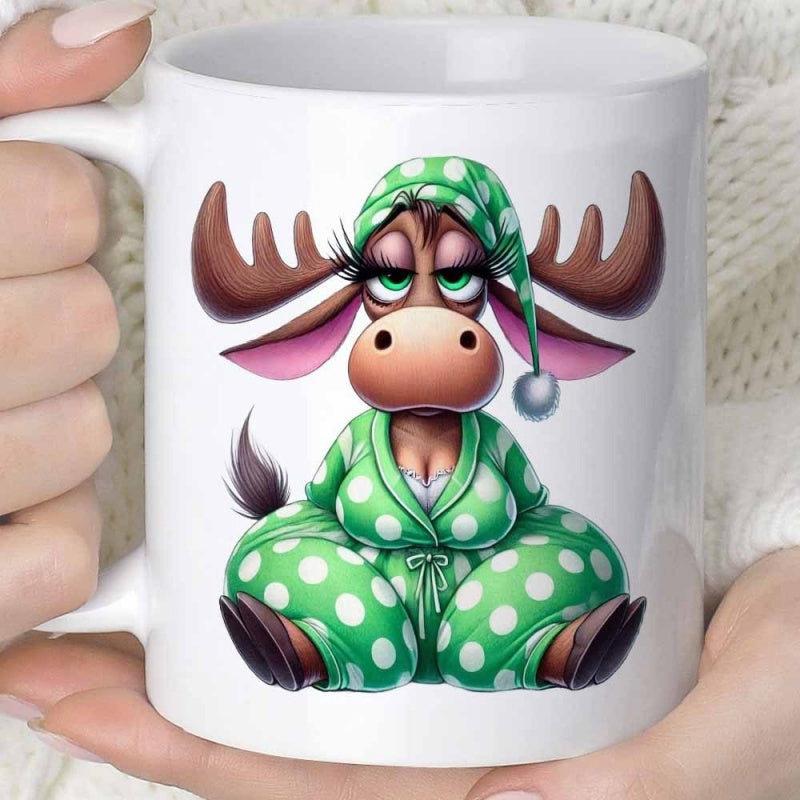Tailorly White Ceramic 11 oz Mug - Sleepy Cartoon Character Wearing Green Polka Dot Pajamas And Matching Nightcap Moose