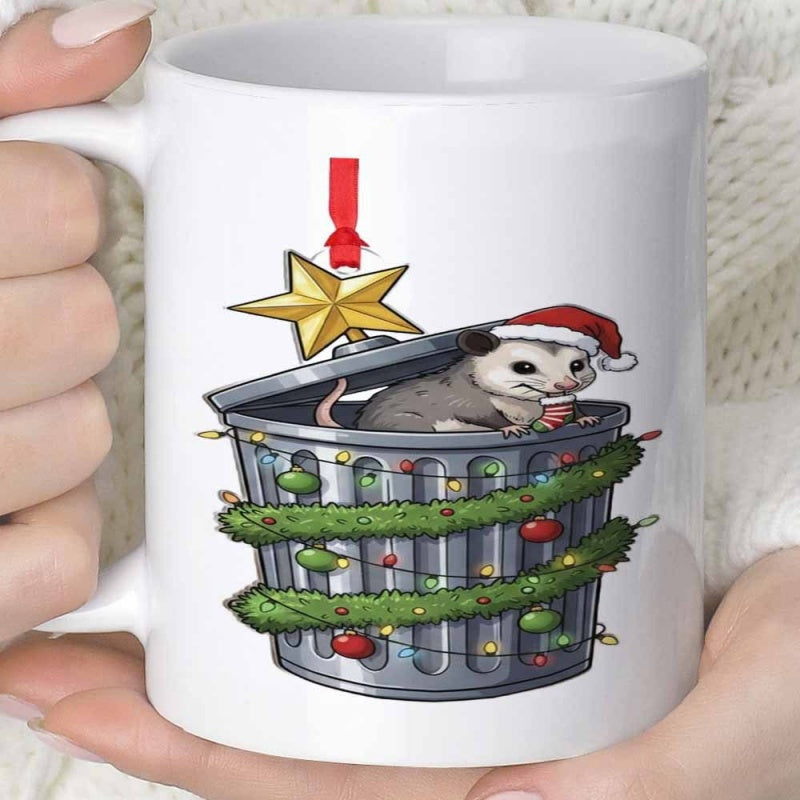 Tailorly White Ceramic 11 oz Mug - Festive Opossum Peeking From Holiday Trash Can Wearing Red Santa Hat Opossum