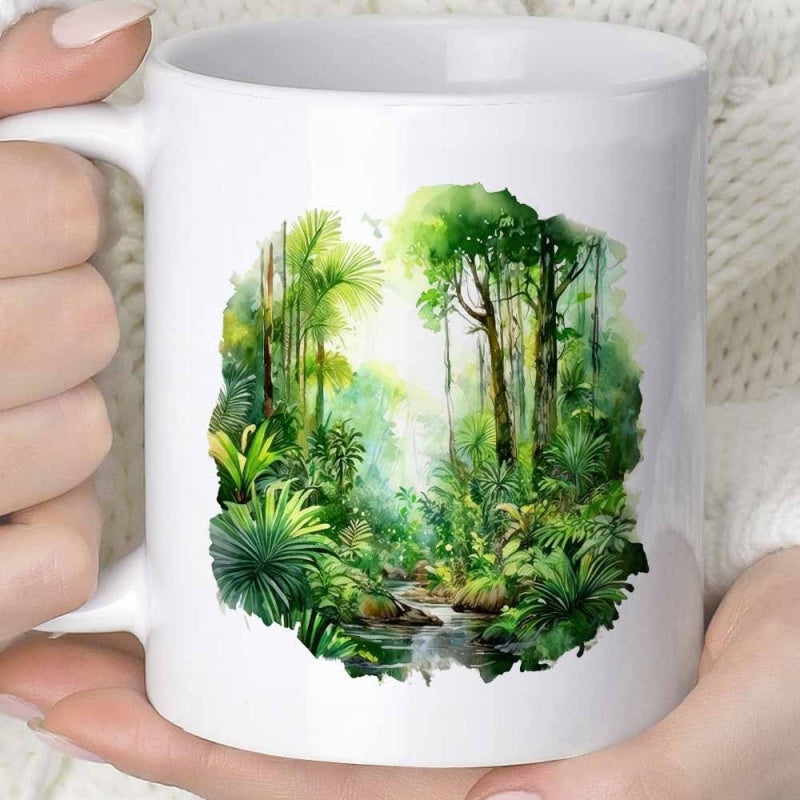 Tailorly White Ceramic 11 oz Mug - Lush Green Watercolor Foliage With Tropical Palm Trees In Misty Tropical Forest