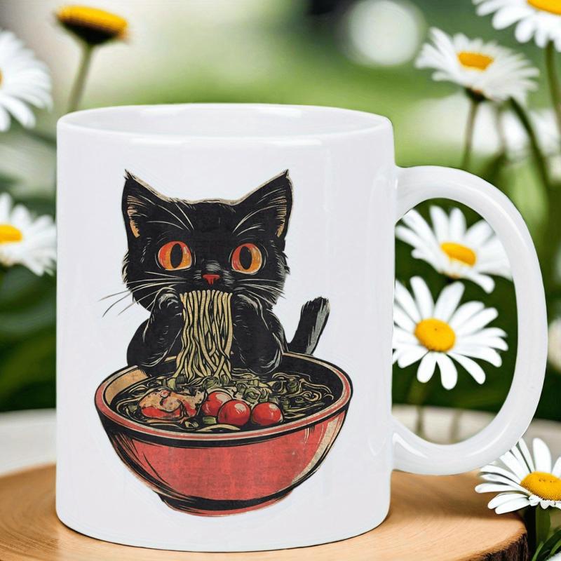 Tailorly White Ceramic 11 oz Mug - Adorable Black Kitten Slurping Steaming Noodles From Large Red Bowl Cat