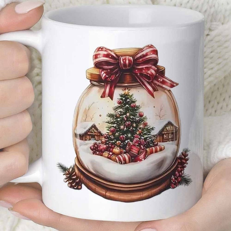 Tailorly White Ceramic 11 oz Mug - Festive Christmas Snow Globe With Decorated Tree And Red Striped Ribbon Snow Globe
