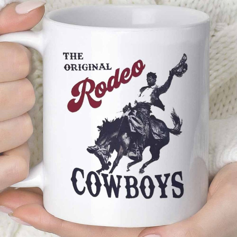 Tailorly White Ceramic 11 oz Mug - The Original Rodeo Cowboys Vintage Silhouette Bucking Bronco Riding Under The Sun Cowboy
