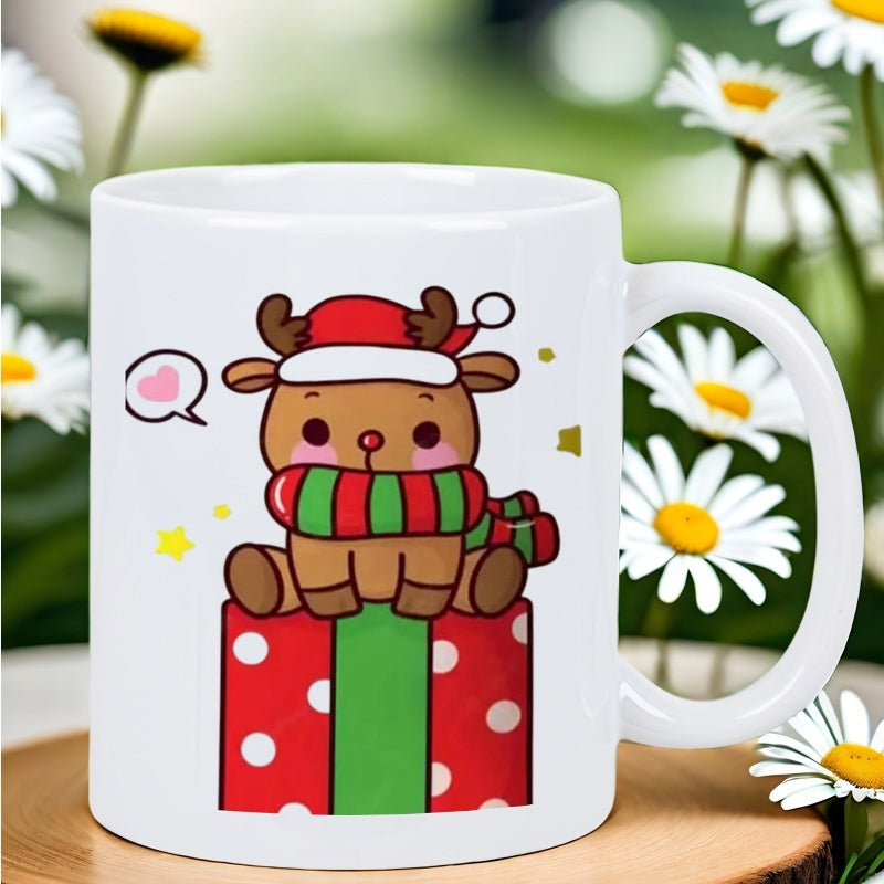 Tailorly White Ceramic 11 oz Mug - Cute Festive Reindeer With Striped Scarf Sitting On A Polka Gift Reindeer
