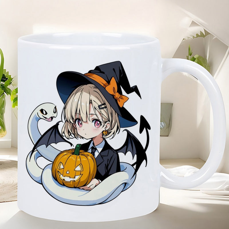 Tailorly White Ceramic 11 oz Mug - Chibi Anime Girl Holding Carved Halloween Pumpkin Wrapped In Majestic White Snake