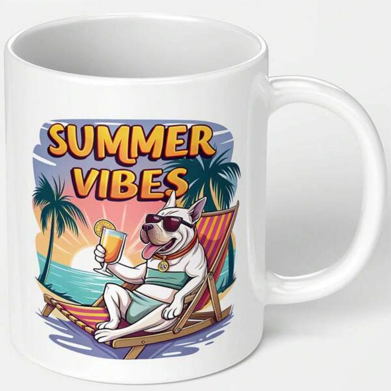 Tailorly White Ceramic 11 oz Mug - Summer Vibes Cool Cartoon Dog Wearing Sunglasses Relaxing On Tropical Beach Under Sunset Dog