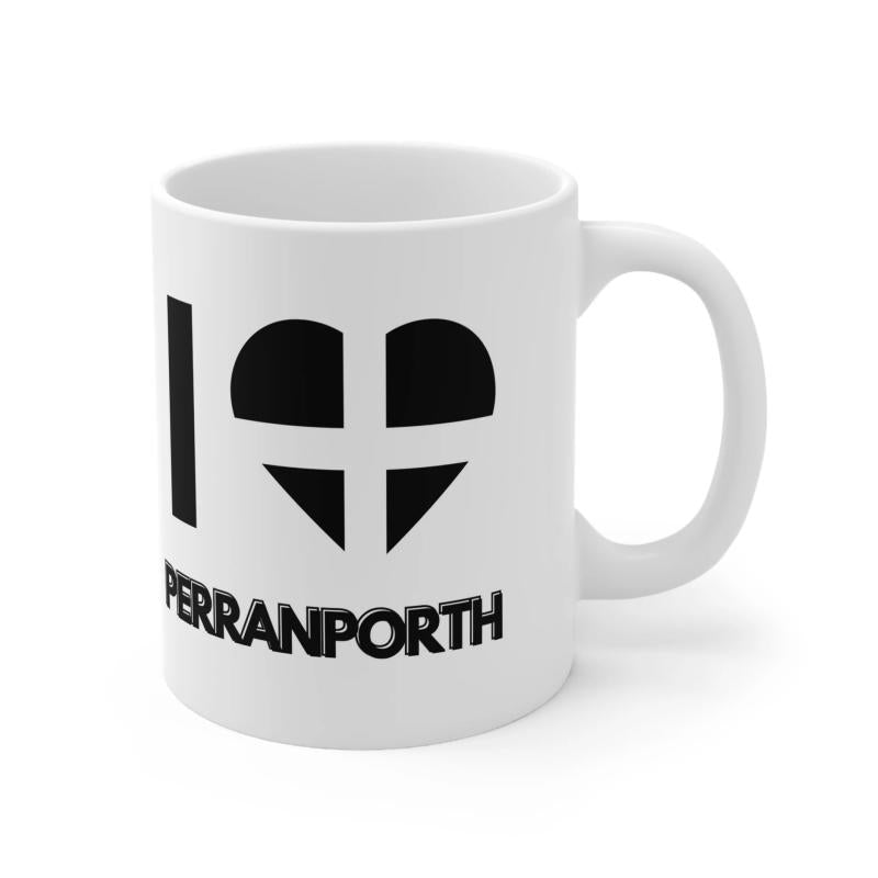 Tailorly White Ceramic 11 oz Mug - I Perranporth Bold Black Graphic Heart With Integrated Saint Piran Flag Cross Heart