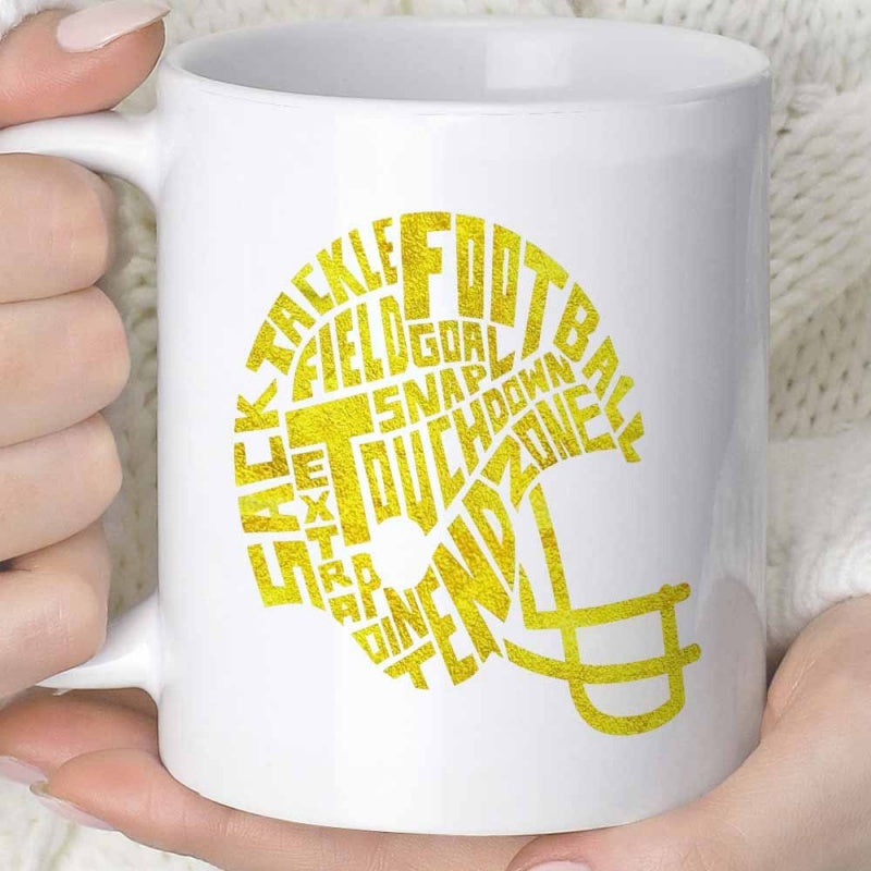 Tailorly White Ceramic 11 oz Mug - Sack Tackle Football Field Goal Snap Touchdown End Zone Extra Point Golden Distressed Artistic Typography Words Within A Sporty