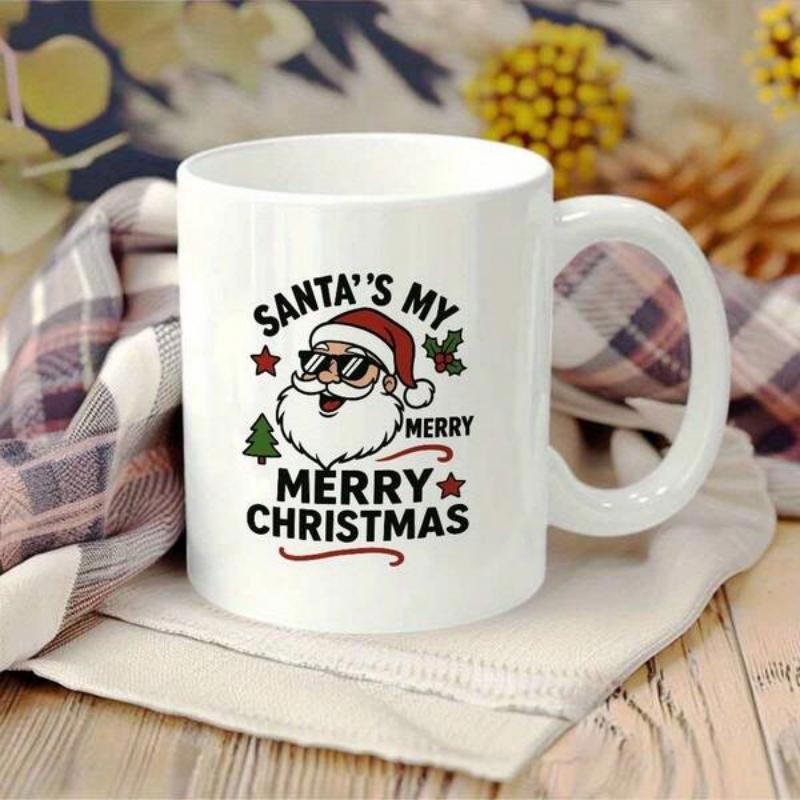 Tailorly White Ceramic 11 oz Mug - Santa's My Merry Merry Christmas Jolly Santa Claus Wearing Cool Sunglasses Surrounded By Festive Stars And Trees Santa