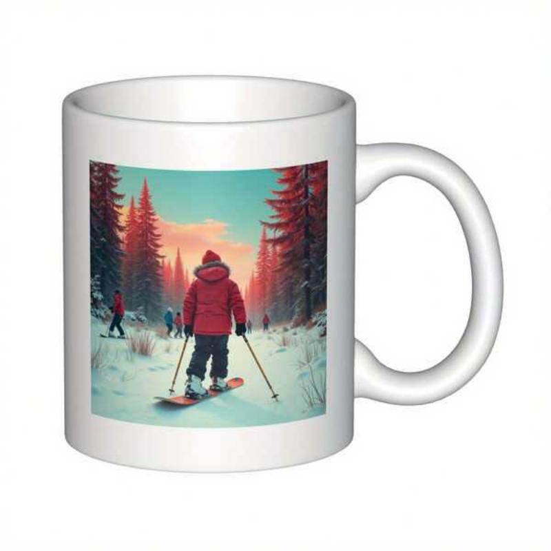 Tailorly White Ceramic 11 oz Mug - Person In Red Jacket Gliding Through Pine Forest Snowy Winter Landscape Skier