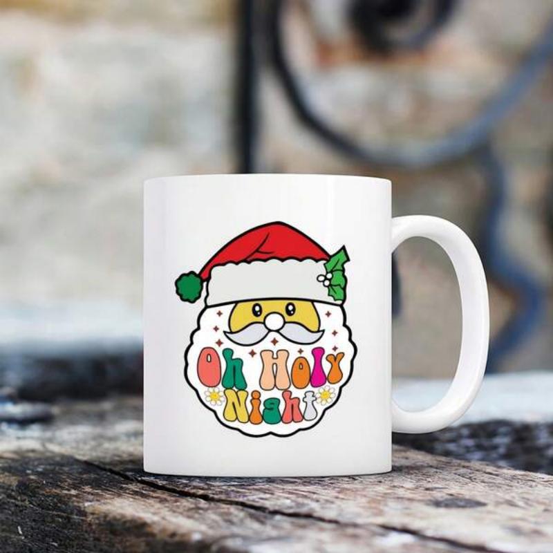 Tailorly White Ceramic 11 oz Mug - Oh Holy Night Festive Cartoon Character Wearing Red Hat With Groovy Retro Aesthetic Santa