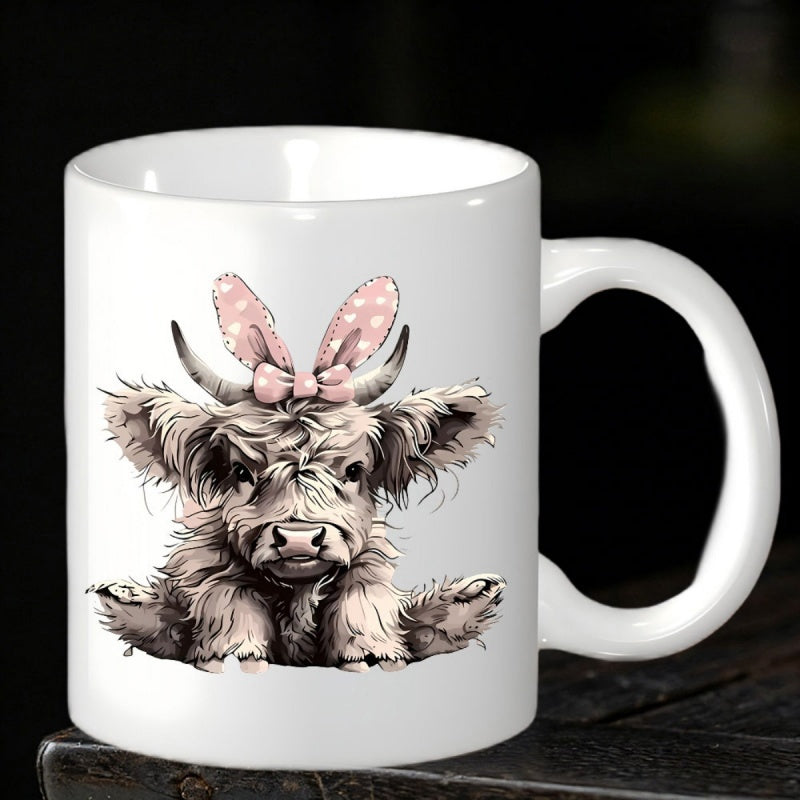 Tailorly White Ceramic 11 oz Mug - Adorable Fluffy Baby Highland Sitting With Pink Polka Dot Bow Cow