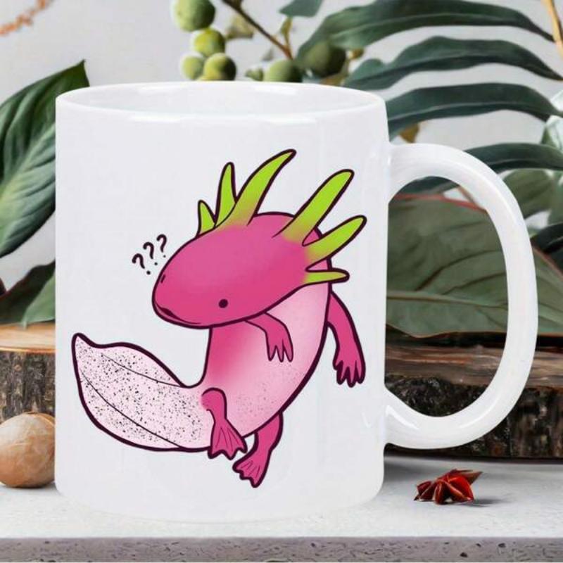 Tailorly White Ceramic 11 oz Mug - Vibrant Pink Cartoon Axolotl With Bright Green Feathery Gills Floating Axolotl