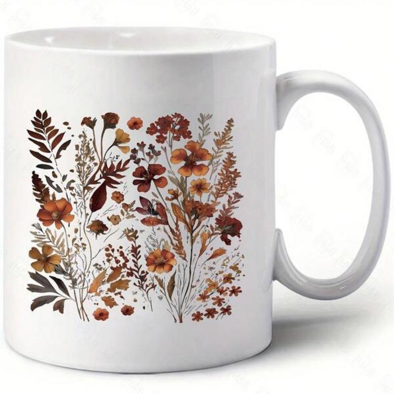 Tailorly White Ceramic 11 oz Mug - Artistic Watercolor Wildflowers In Earthy Tones Growing Among Elegant Fall Leaves Flower