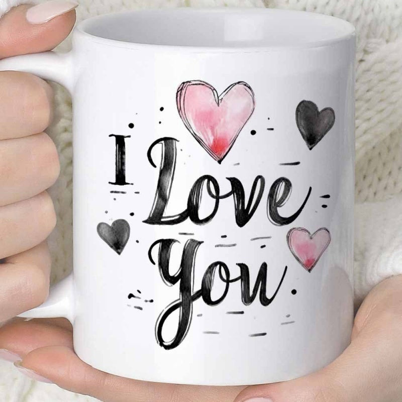 Tailorly White Ceramic 11 oz Mug - I Love You Charming Pink And Black Watercolor Splatter Patterned Heart