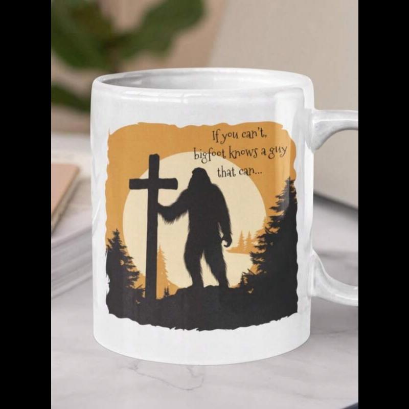 Tailorly White Ceramic 11 oz Mug - If You Cant Be Found Know A Guy That Can Mystical Forest Scene Featuring A Silhouette Standing Near A Holy Cross Bigfoot