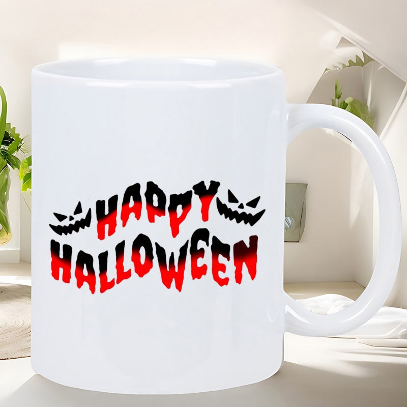 Tailorly White Ceramic 11 oz Mug - Happy Halloween Spooky Dripping Font Flanked By Menacing Jack O Lantern Faces Pumpkin