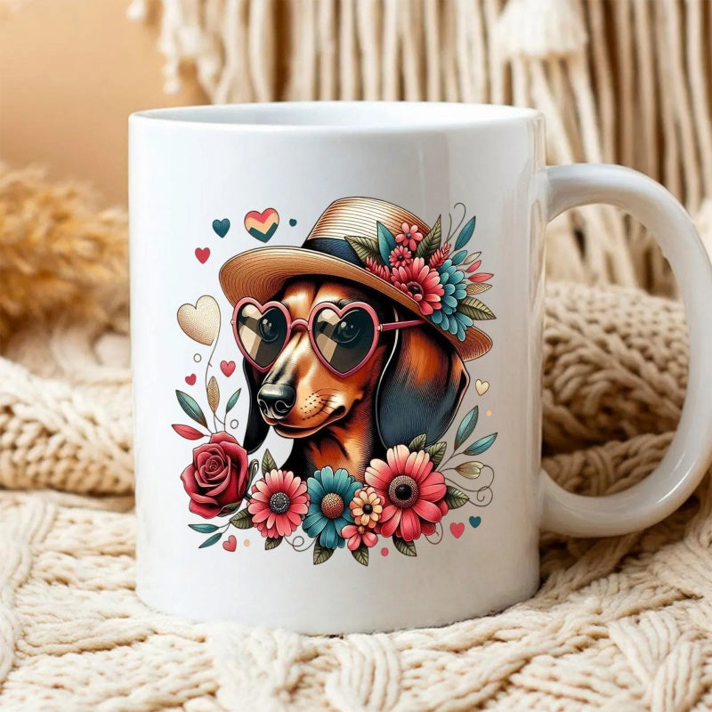 Tailorly White Ceramic 11 oz Mug - Stylish Puppy Wearing Straw Hat With Colorful Flowers And Sunglasses Dachshund