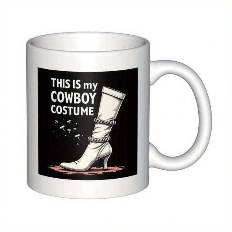 Tailorly White Ceramic 11 oz Mug - This Is My Cowboy Costume Elegant White High Heeled Fashionable Footwear With Metallic Chains Standing Proudly Boot