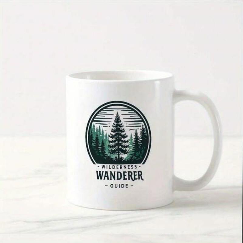 Tailorly White Ceramic 11 oz Mug - Wilderness Wanderer Guide Lush Evergreen Forest Standing Tall Inside A Vintage Style Circular Pine Tree