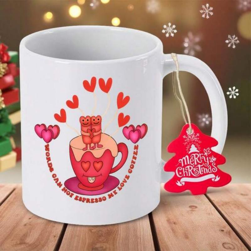 Tailorly White Ceramic 11 oz Mug - Words Can Not Express My Love Coffee Cute Red Mug Character With Floating Small Hearts And Hugging Figures Cup