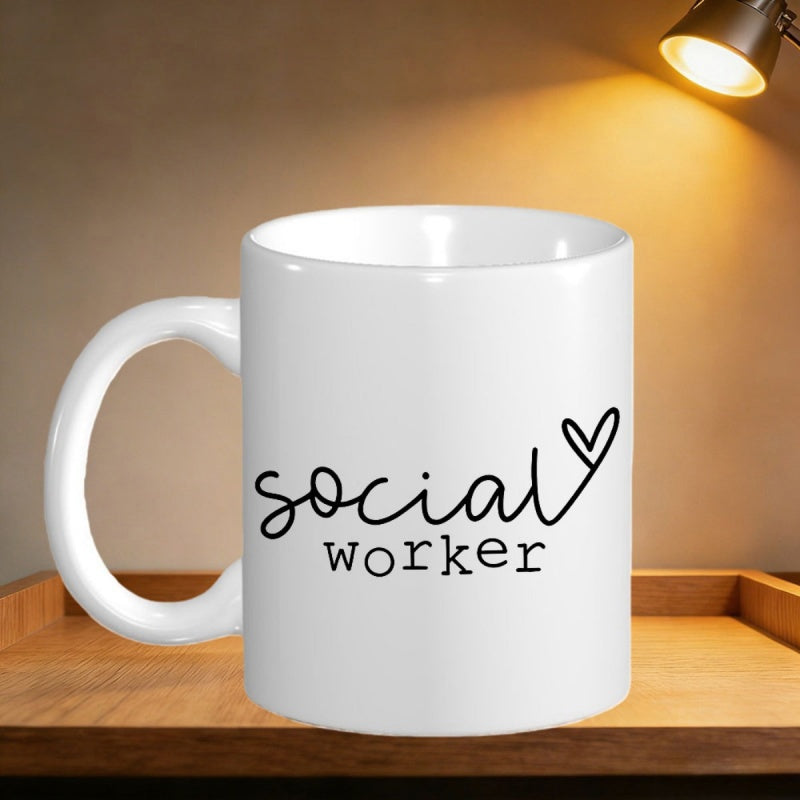 Tailorly White Ceramic 11 oz Mug - Social Worker Minimalist Handwritten Script Text With A Small Heart Outline Mug
