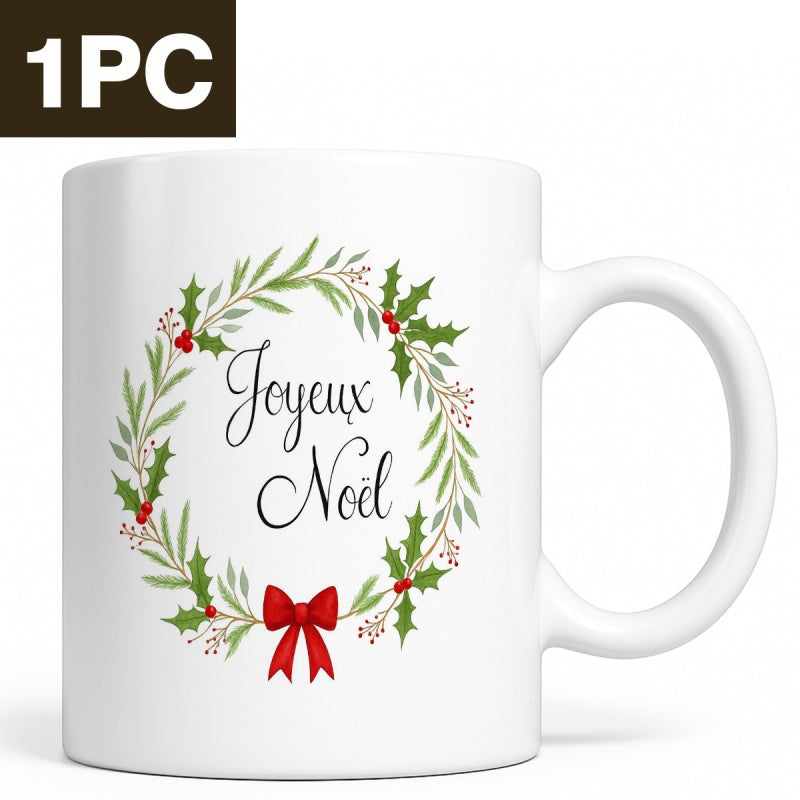 Tailorly White Ceramic 11 oz Mug - Elegant Green Leaves With Holly Berries And A Red Ribbon Bow Wreath