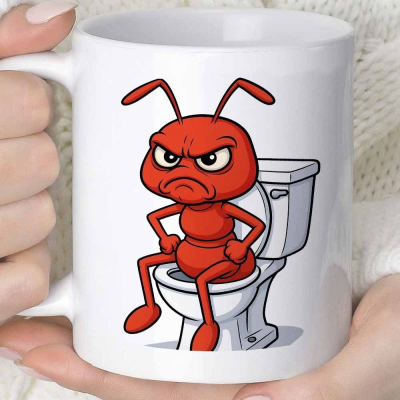 Tailorly White Ceramic 11 oz Mug - Grumpy Red Cartoon Character Sitting On A Clean White Bathroom Toilet Ant