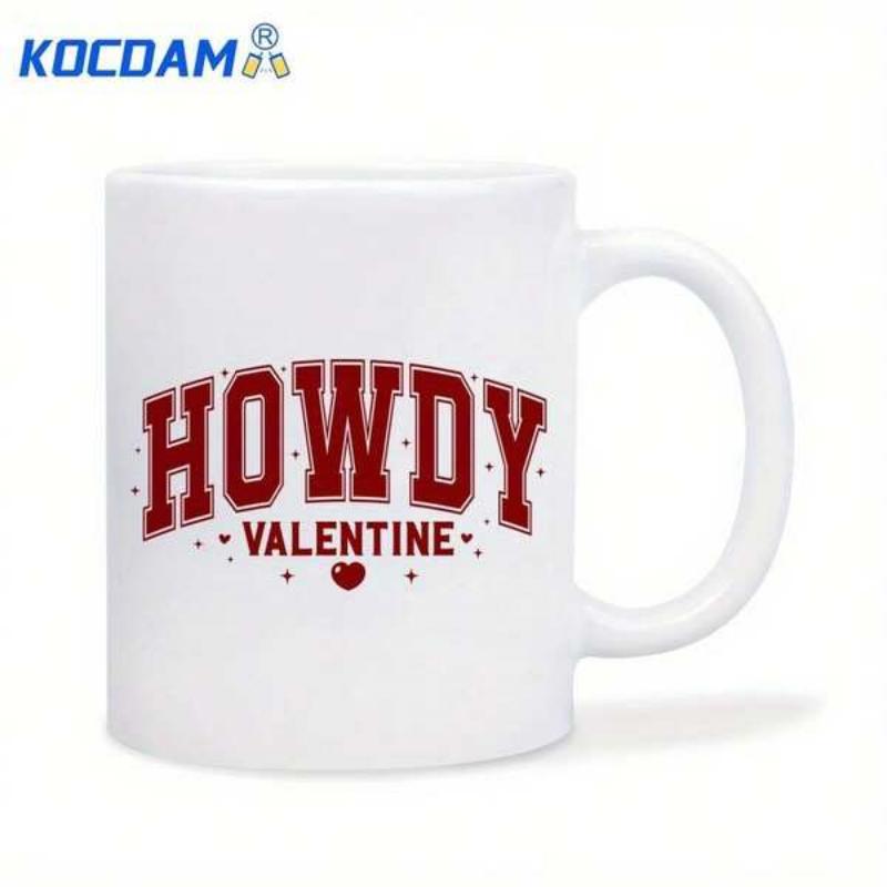 Tailorly White Ceramic 11 oz Mug - Howdy Valentine Classic Varsity Lettering Style With Small Hearts And Decorative Polka Heart