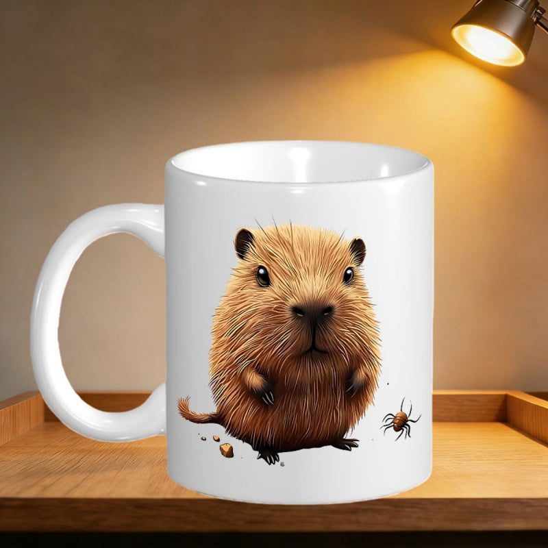 Tailorly White Ceramic 11 oz Mug - Adorable Fluffy Small Brown Rodent Standing Calmly On Clean White Background Capybara