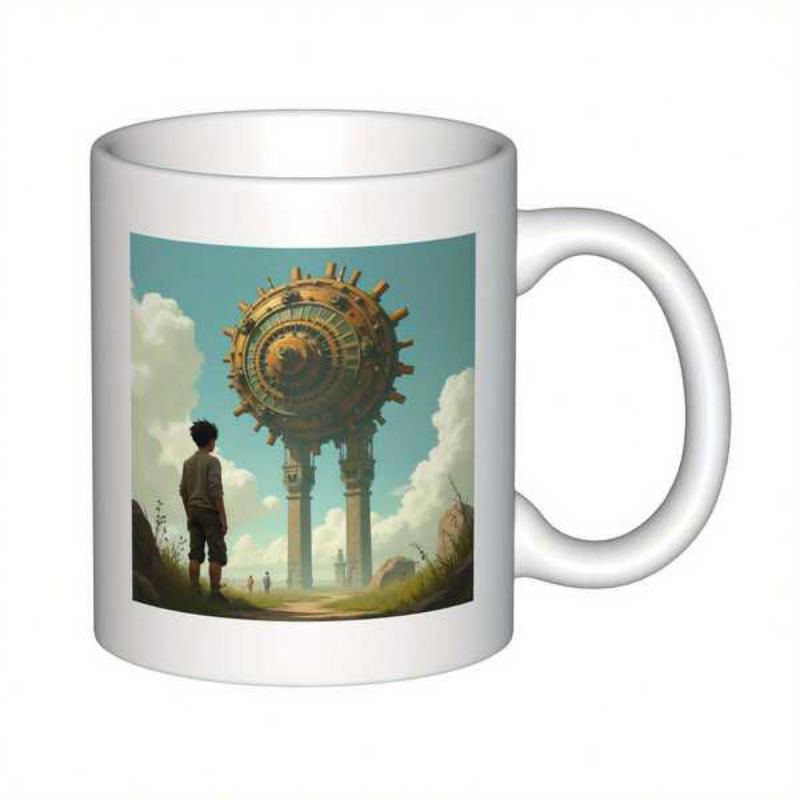 Tailorly White Ceramic 11 oz Mug - Majestic Steampunk Mechanical Sphere Standing In Grassy Field Under Cloudy Sky Walker