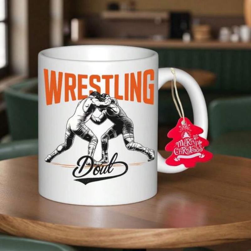 Tailorly White Ceramic 11 oz Mug - Wrestling Dad Two Athletic Figures Engaged In A Competitive Sports Match Illustration Wrestlers
