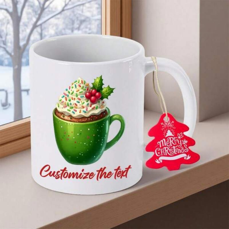 Tailorly White Ceramic 11 oz Mug - Customize The Text Holiday Green Cup With Whipped Cream Topped By Sprinkles And Holly Berries Mug