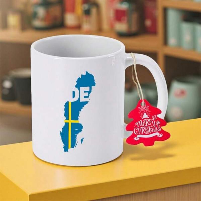Tailorly White Ceramic 11 oz Mug - Merry Christmas DE Blue Map Of Sweden Featuring Yellow Nordic Cross Colors Mug