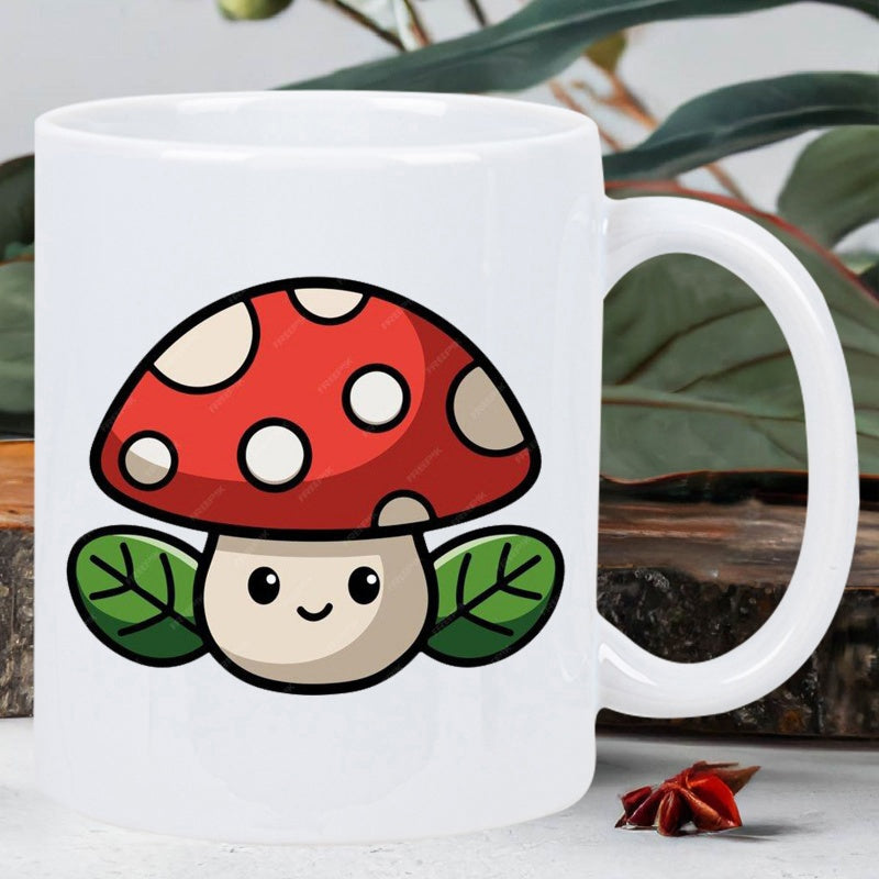 Tailorly White Ceramic 11 oz Mug - Adorable Smiling Cartoon With Vibrant Red Spotted Cap Among Green Leaves Mushroom