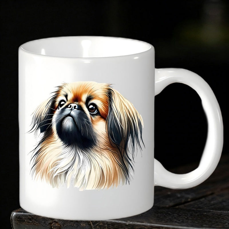 Tailorly White Ceramic 11 oz Mug - Charming Detailed Illustration Of A Pekingese With Soft Golden Silky Fur Dog