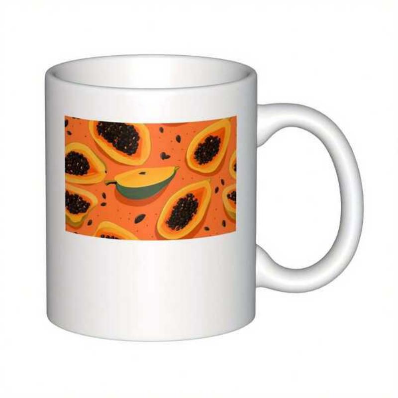 Tailorly White Ceramic 11 oz Mug - Vibrant Tropical Slices Of Ripe Fruit On Bright Orange Background Papaya