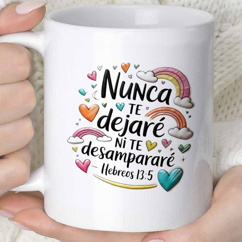Tailorly White Ceramic 11 oz Mug - Whimsical Rainbows And Colorful Hearts Scattered Around Inspiring Religious Quote Mug