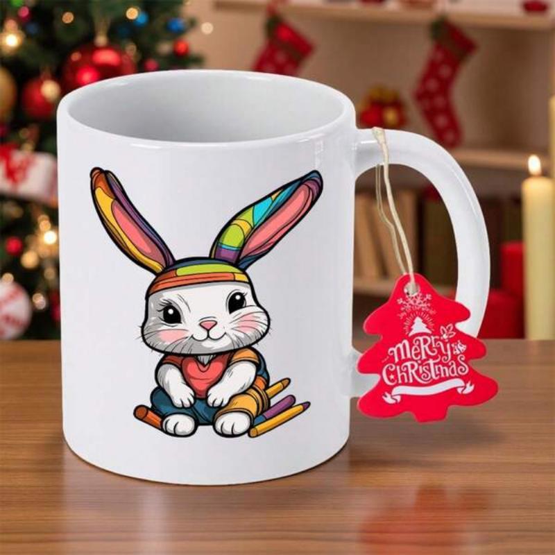 Tailorly White Ceramic 11 oz Mug - Adorable Rainbow Eared Bunny Sitting With Colorful Crayons In Playful Style Rabbit