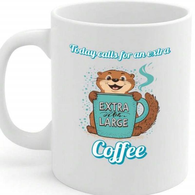 Tailorly White Ceramic 11 oz Mug - Today Calls For An Extra Extra Large Coffee Happy Smiling Brown Sea Animal Holding A Large Steaming Blue Mug Otter