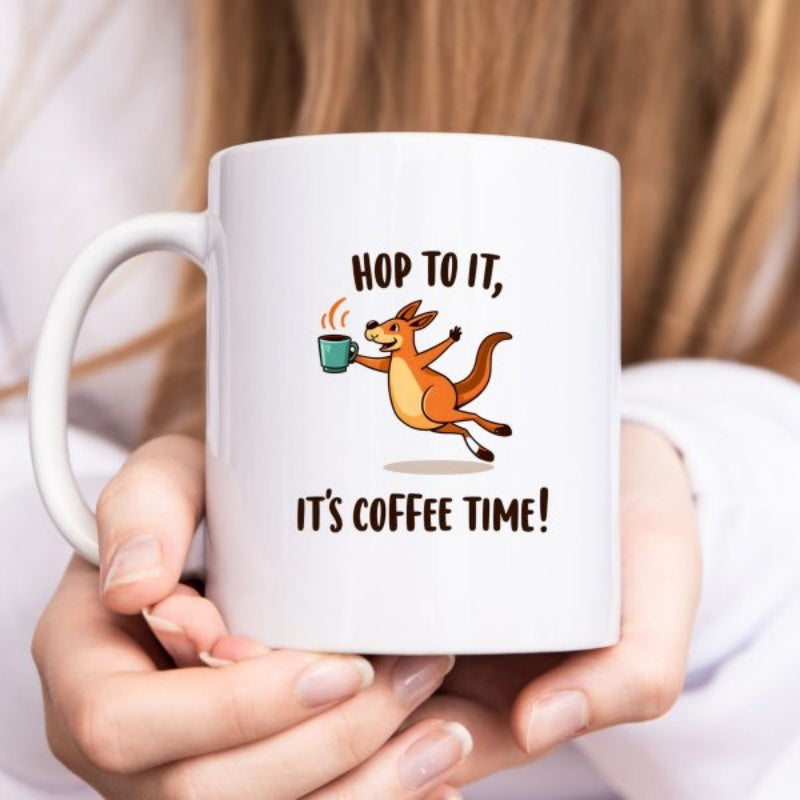 Tailorly White Ceramic 11 oz Mug - Hop To It Its Coffee Time Playful Jumping Cartoon Kangaroo Holding Steaming Hot Cup Of Morning Coffee Kangaroo