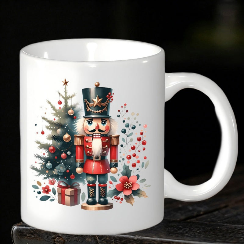 Tailorly White Ceramic 11 oz Mug - Festive Holiday Scene Featuring A Traditional Soldier Standing Beside Christmas Tree Nutcracker